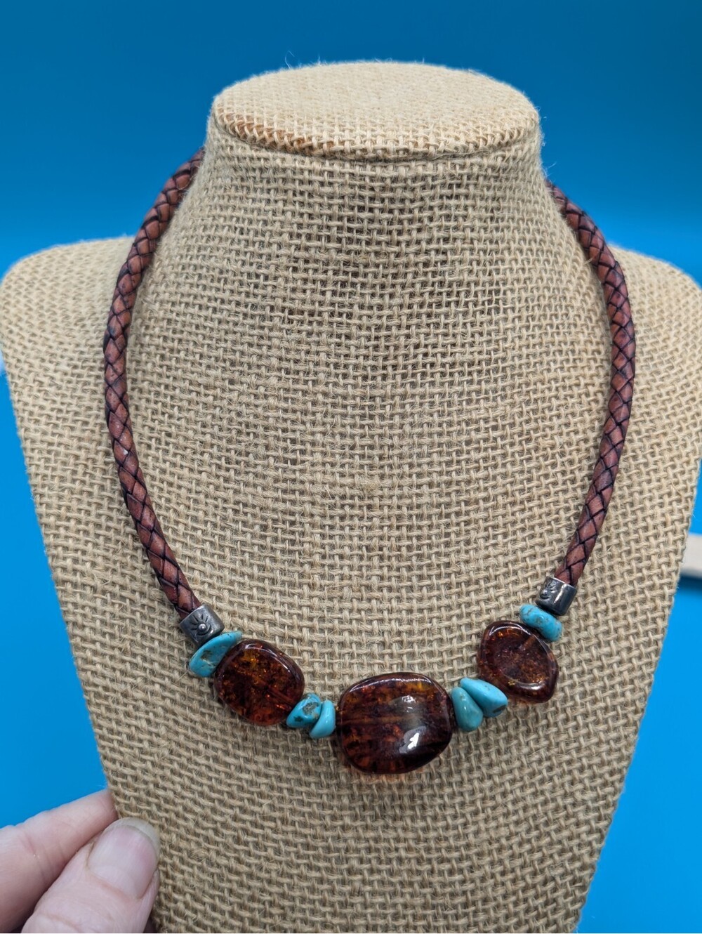 Vintage SILPADA Amber Turquoise Sterling Silver 925 Leather Choker Necklace 16"